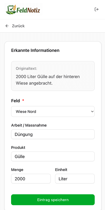 FeldNotiz erkannte Informationen vor dem Speichern